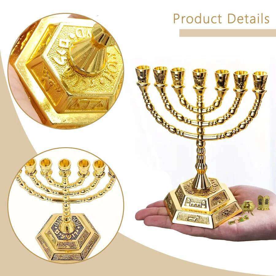 Jewish Religious Decor Set - 7-Branch Menorah, Torah Tablets, Golden Calf, Aarons Rod Replica for Hanukkah & Synagogue XJ260305