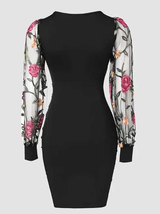 Elegant Floral Embroidered Bodycon Midi Dress with Sheer Mesh Sleeves and V-Neckline - Stylish Button Detail Knee-Length for Wo X260306