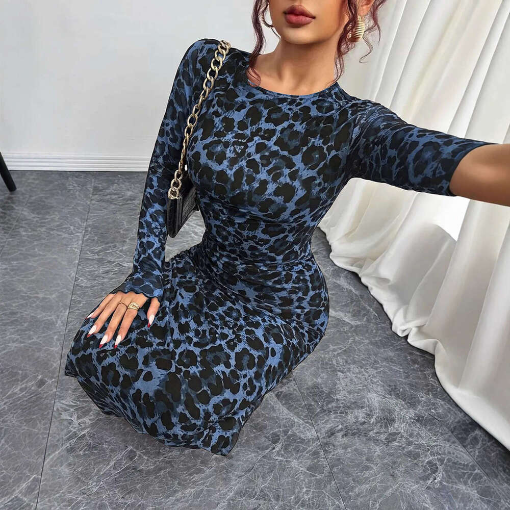 2026 European and American Women's Elegant Leopard Print Slim Fit See-Through Sleeve Sexy Waist-Cinching Tight-Fitting Long Dress
