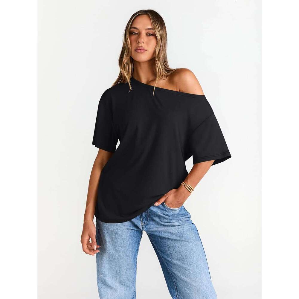 Womens Off The Shoulder Tops Oversized T-Shirts Short Sleeve Tees Summer 2026 Casual Designer Spring Clothes