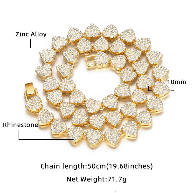 European and American cross-border high-quality heart-shaped Cuban necklace 10mm alloy full diamond women's bracelet hip-hop jewelry factory