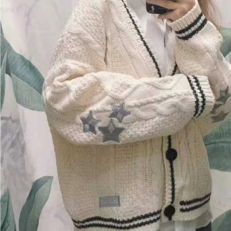 Autumn and Winter Solid Color Long Sleeved Cardigan Star Embroidery Soft Single Breasted Button Fashion Sweater Jacket M260306