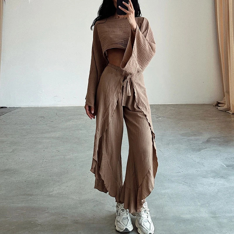 Spring Casual Solid Cotton Linen Suit Summer O Neck Crop TopLace-up Ruffle Pants Outfit Sets for Women Flare Sleeve Hollow 2pcs 260305