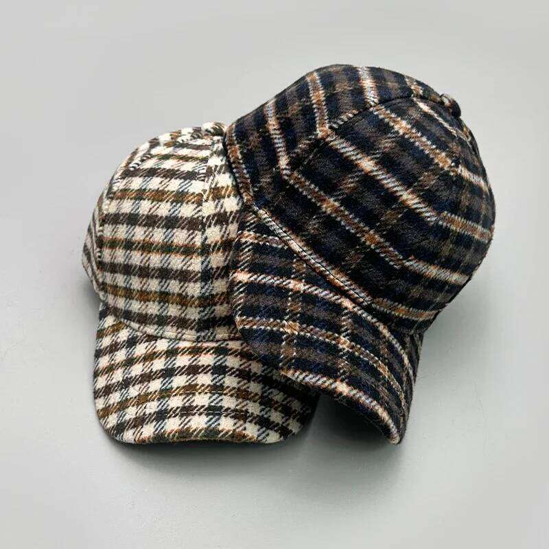 Woolen Cloth Stripe Versatile Check British Style Baseball Caps Autumn and Winter New Fashion Men Women Warm Retro Literary Y260304