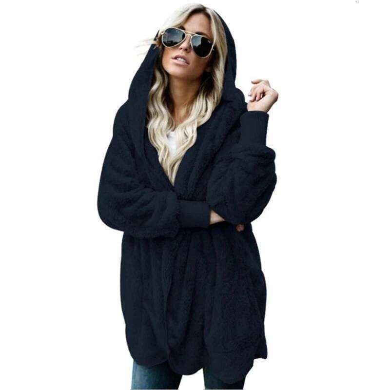 Autumn Winter Double Fleece Cardigan Women Solid Color Long Sleeve Plush Warm Hooded Lady Jacket Oversized Outerwear Coat