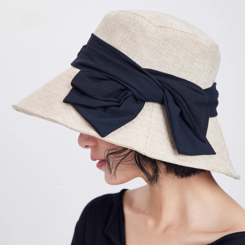 USPOP Elegant Wide Brim Cotton Linen Bucket Hat for Women Summer Sun Hat with Bow Foldable UV Protection Beach Hat 260228