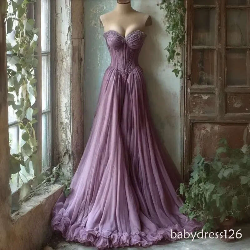 2026 Fantasy Princess Prom Dresses Ruffles Pleats A-Line Long Dusty Purple Tulle Evening Gown Sweetheart Sleeveless Reception Dress