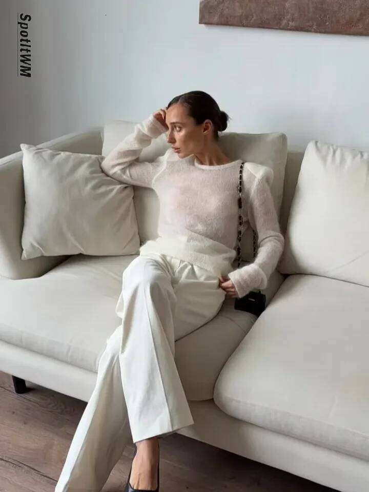 Women Solid See Through Knitted Pullover Sexy Round Neck Full Sleeve Slim Fit Thin Sweater Female High Street New Knitwears Mdng260306