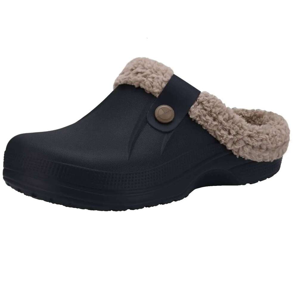 Litfun Winter Fuzzy Men Clogs Outdoor Antiskid Fur Lined Waterproof Garden Shoes Indoor Warm Fluffy Plush Home Slippers