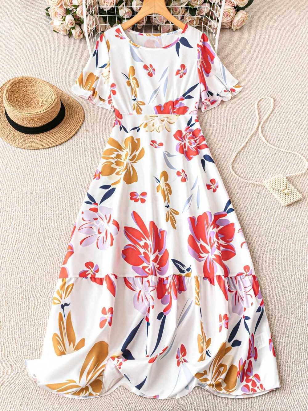 Womens French print frilly short sleeve crew neck dress and floor holiday beachwear X260306