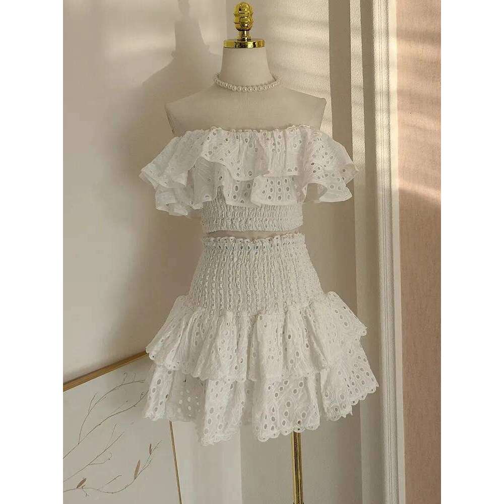 JAMERARY Summer Embroidery 2 Pieces Women Sets Slash Neck Elastic Ruffles Cropped Top + Mini Skirt Suits Hollow Out Outfits Mdng260306