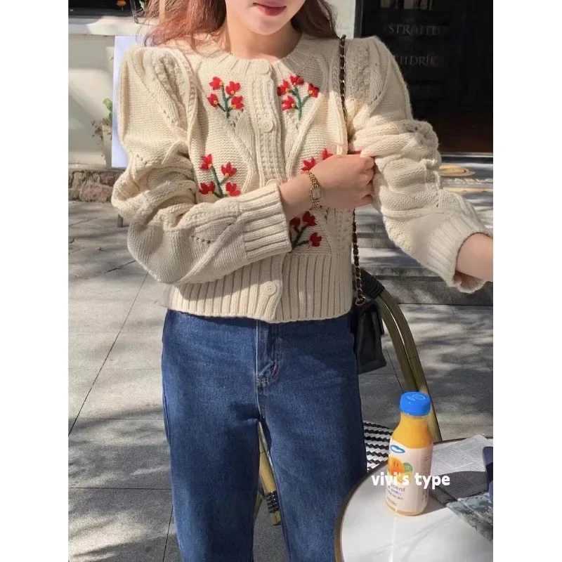 Retro Embroidery Knitted Cardigan Women Korean Chic Round Neck Short Twist Sweater Coat Autumn Winter Sweet Y2k Tops M260306