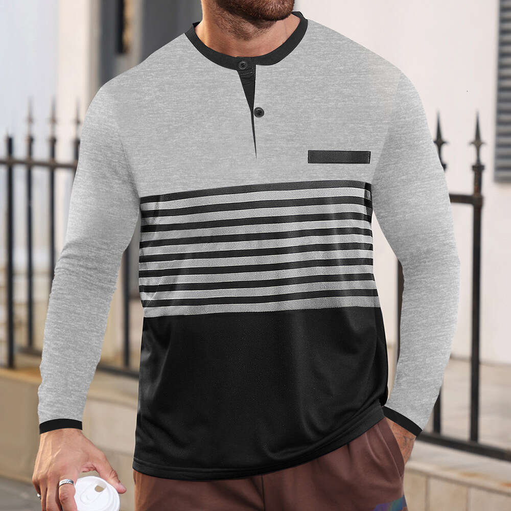 2026 Cross-Border Foreign Trade European and American Summer New Men's Long-Sleeve V-Neck Contrast Color Striped Slim Fit Business Casual T-Shirt