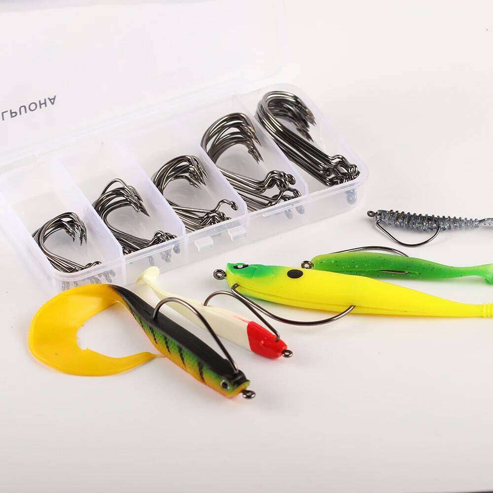 50pcs/box Soft Worm High Carbon Steel Wide Super Lock Fishhooks Lure Softjerk Hooks 8#-5/0 Fishing Tackle Pesca S260305