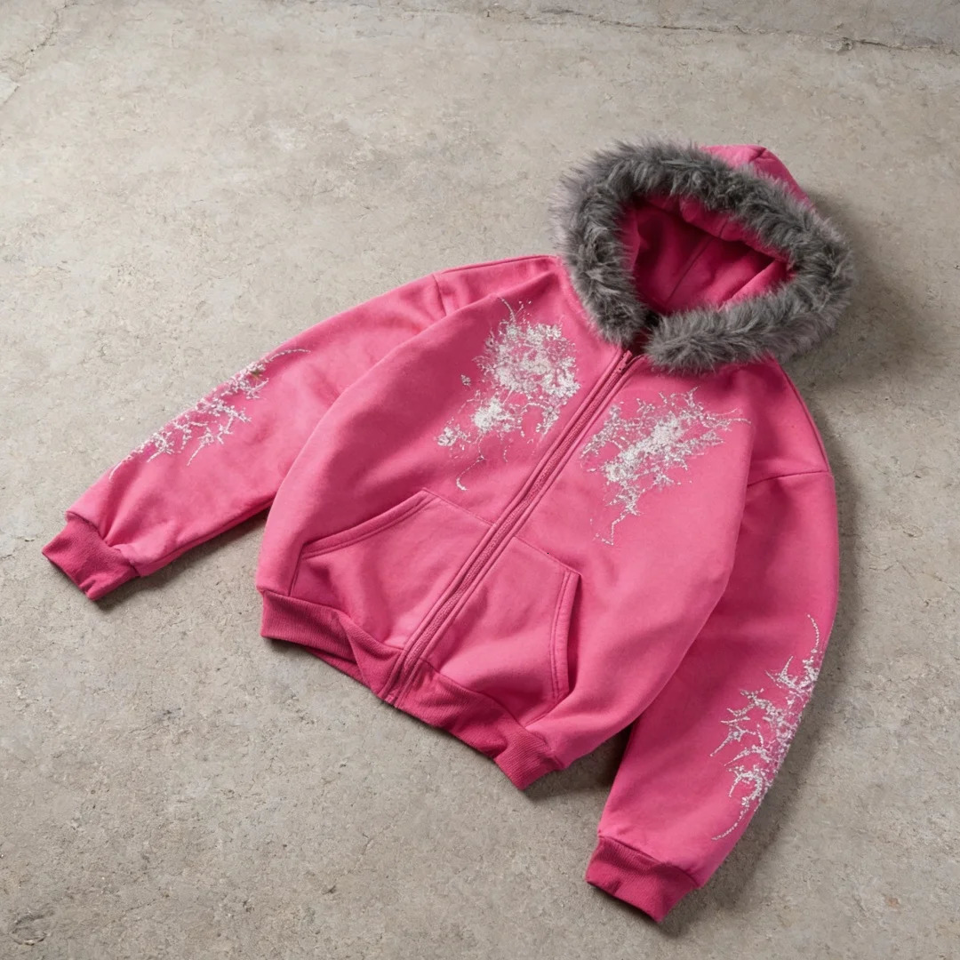 Women Pink Faux Fur Trim Glitter Thorn Print Zip Up Hoodie 2026 Y2K Sweet Cool Oversized Hooded Sweatshirt 260228
