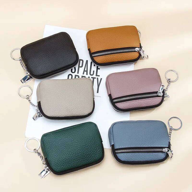 Women Genuine Leather Keychain Coin Purse Zipper Wallet Small Mini Pocket Color Contrasting Lipstick Storage Change Pouch C260304