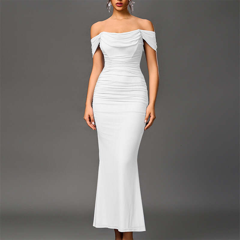 Cross-border foreign trade fishbone mesh pleated dress, European and American sexy backless off-shoulder tight-fitting bodycon long dress