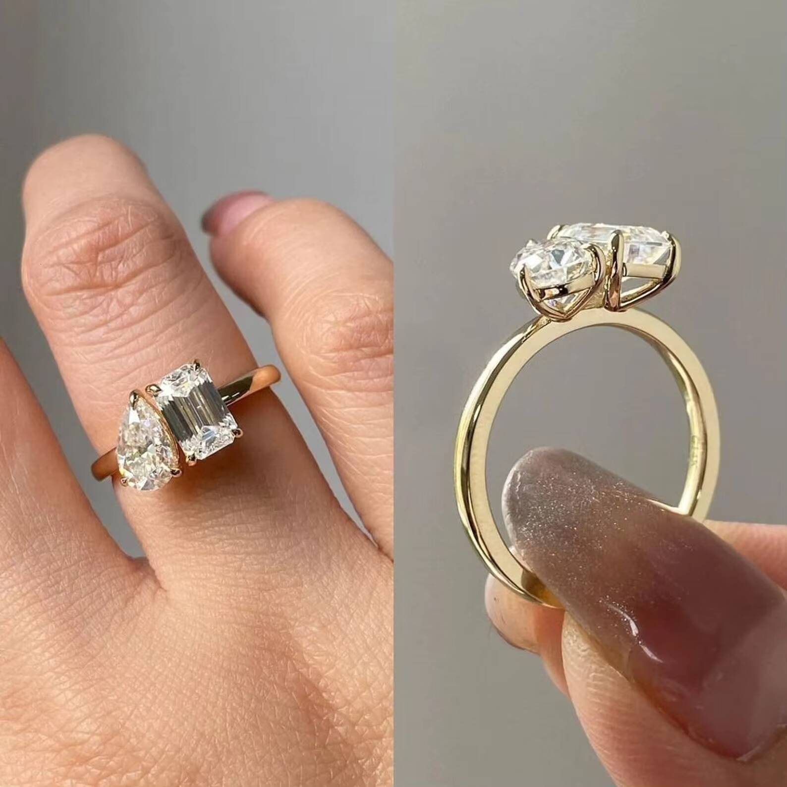 10k 14k 18k Solid Real Gold Vvs Moissanite Diamond Toi Et Moi Engagement Ring Pear Moissanite Two Stone