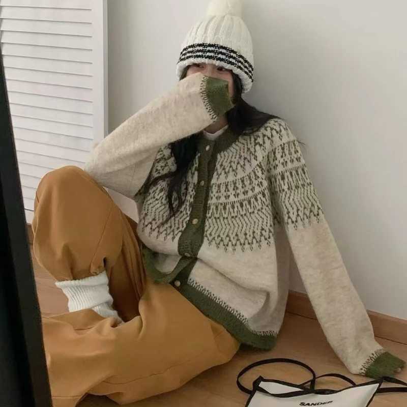 AOSSVIAO Retro Jacquard Knitted Cardigan Womens Autumn Winter Loose Long Sleeve O-neck Sweater Zipper Lapel Color Blocking Coat M260306