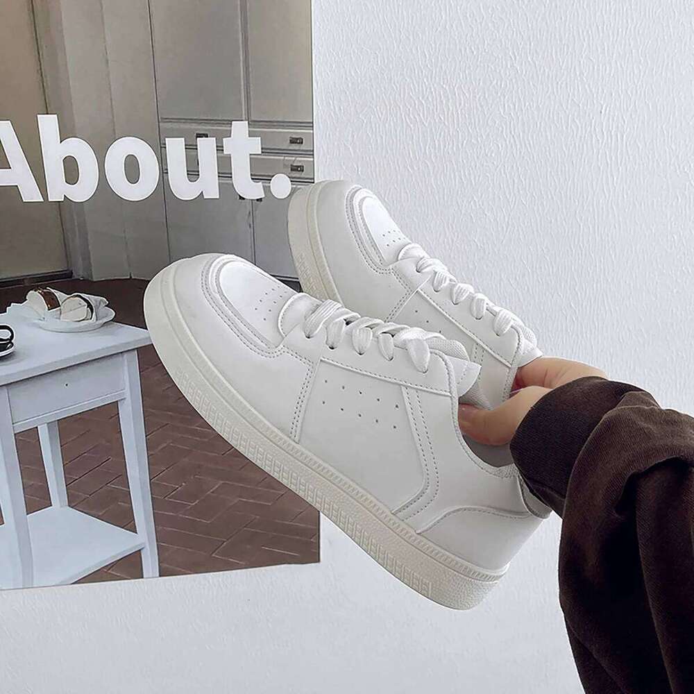 2025 Spring Women's Outdoor Sports Solid Color White Faux Leather Lace-Up Shoes Athletic Sneakers For Casual Activit