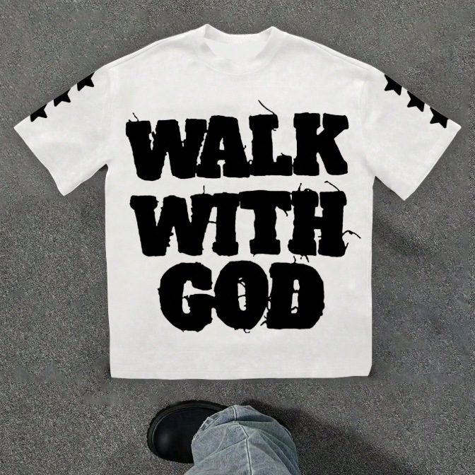European and American Hiphop style T-shirt with star and letter patterns trendy American top unique and niche design sense