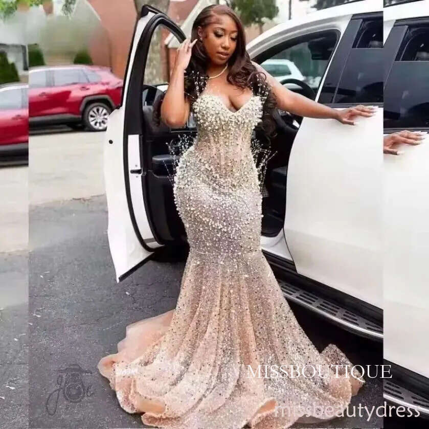 Luxury Pearl Prom Dresses For Black Girl 2026 Sequin Mermaid Birthday Party Customized African Evening Gowns D21 D0306