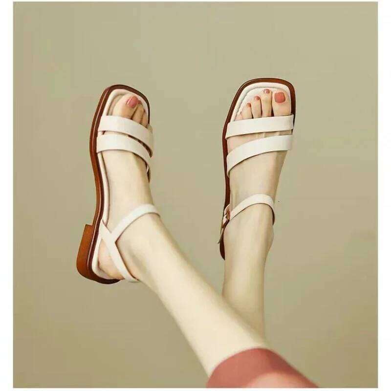 New Fashion Summer Women's Square Open Toe Platform Sandals Flat Buckle Light and Comfortable