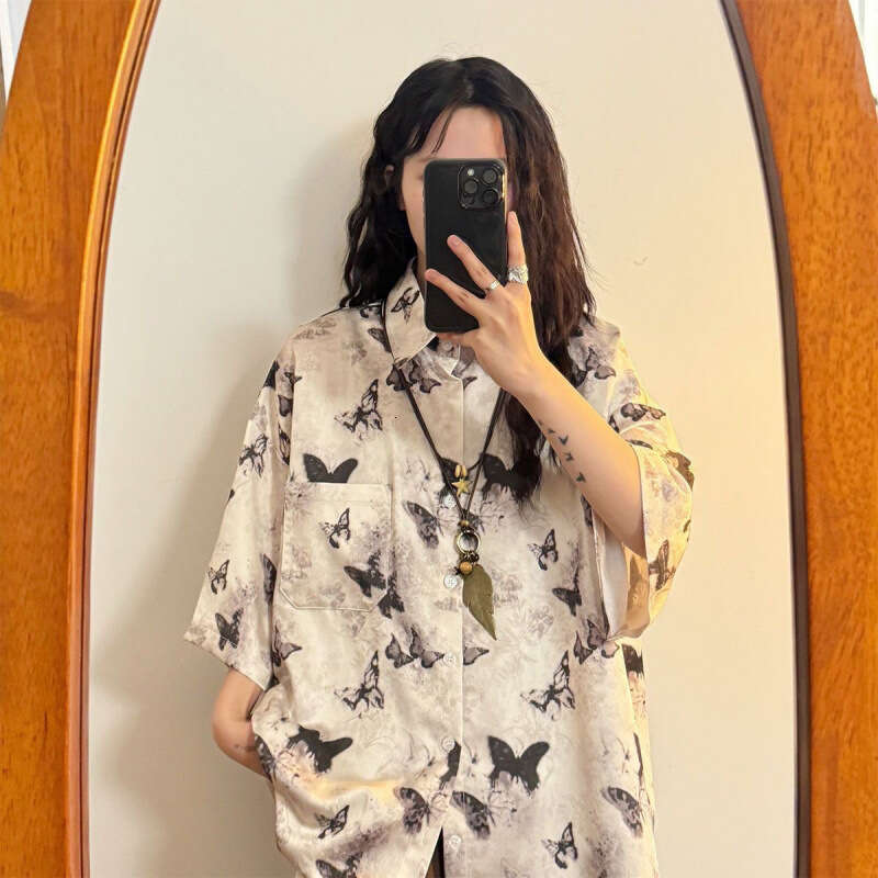 Summer CasualFashion Loose Retro Fashion Buttons Single Breasted Printing Short Sleeve Dyeing Technique Casual Hang Sensation Haome Top