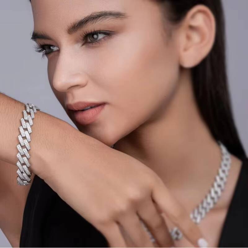 New Hip-hop Cuban Chain Diamond Moissanite Bracelet Mens Jewelry Cuban Gold Chain European and American S925 Sterling Silver