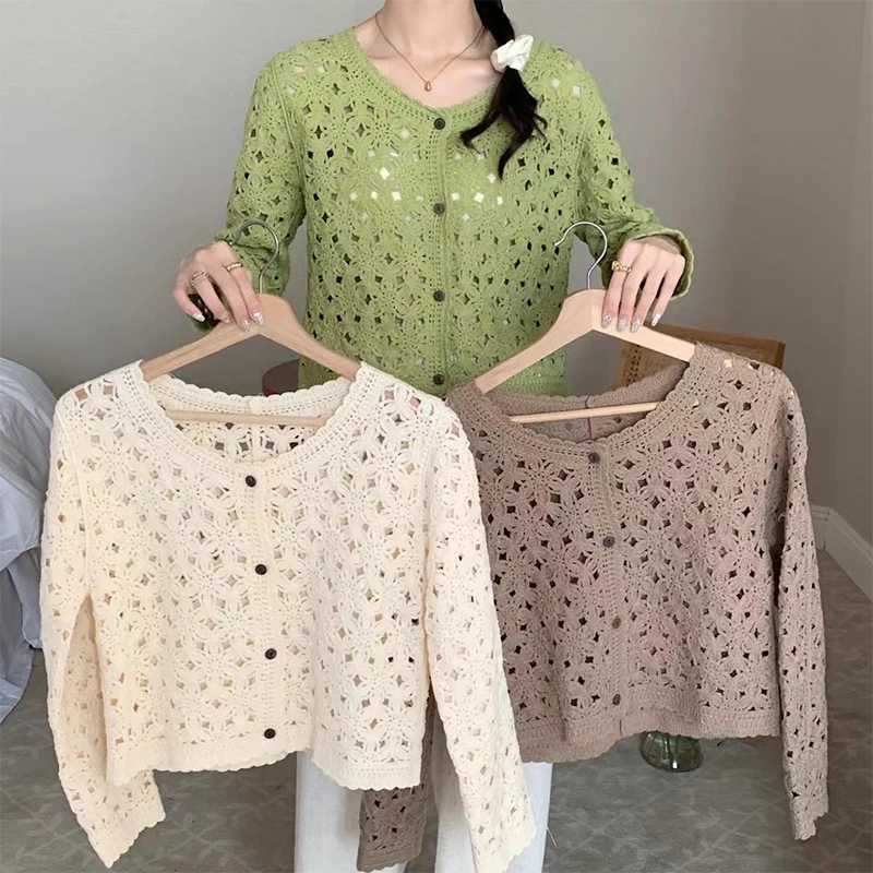 Long Sleeve Crochet Top for Women Sheer Button Up Hollow Out Openwork Knit Cardigan Jacket Spring Summer Boho Vacation Outfit M260306