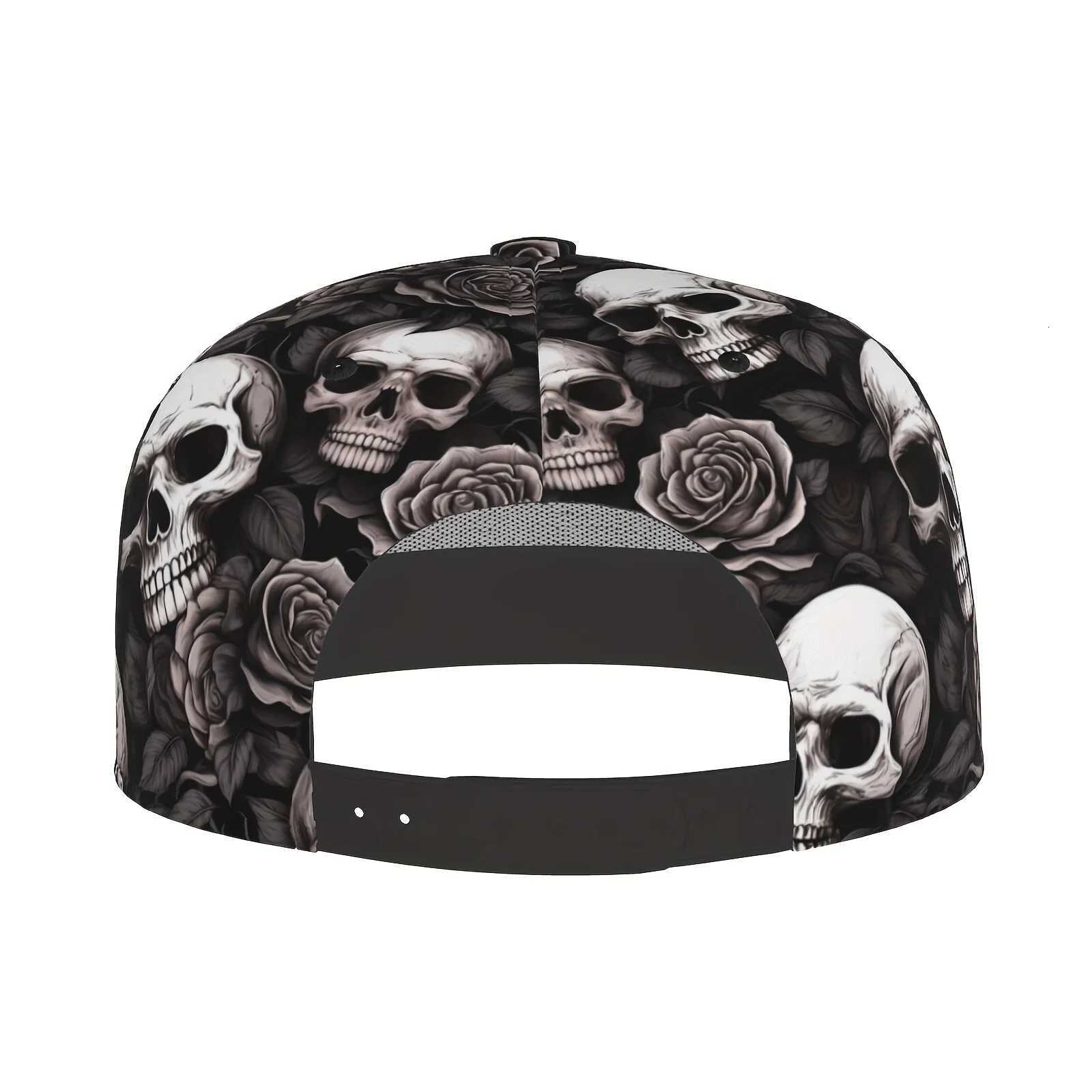 Cool Hippie Flat Brim Baseball Cap Gothic Skull Rose Print Punk Snapback Hat For Casual Leisure Outdoor Dance Skate Boarding S260306