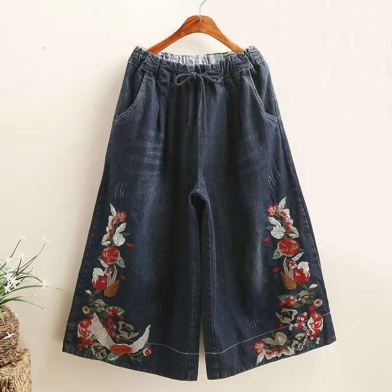 Mardi Hefxessdr Embroidered Wide Leg Oversized Women Clothing Summer Loose High Waist Jeans Ladies All-match Calf-Length pants jeans women's clot