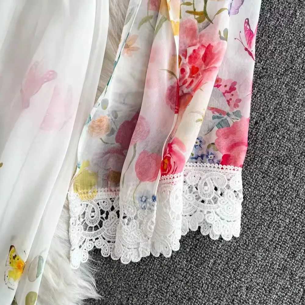 Elegant Floral Long Maxi Dresses Women 2025 Spring Summer Holiday Flare Full Sleeve Print Lace Deep V Neck Evening Party Vestido X260306
