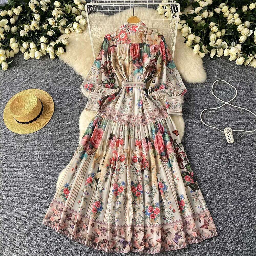 Summer Autumn Floral Print Maxi Dress Shirt Women Long Sleeve Single Breasted A Line Palace Design Loose Printing Party Vestidos Mdng260306