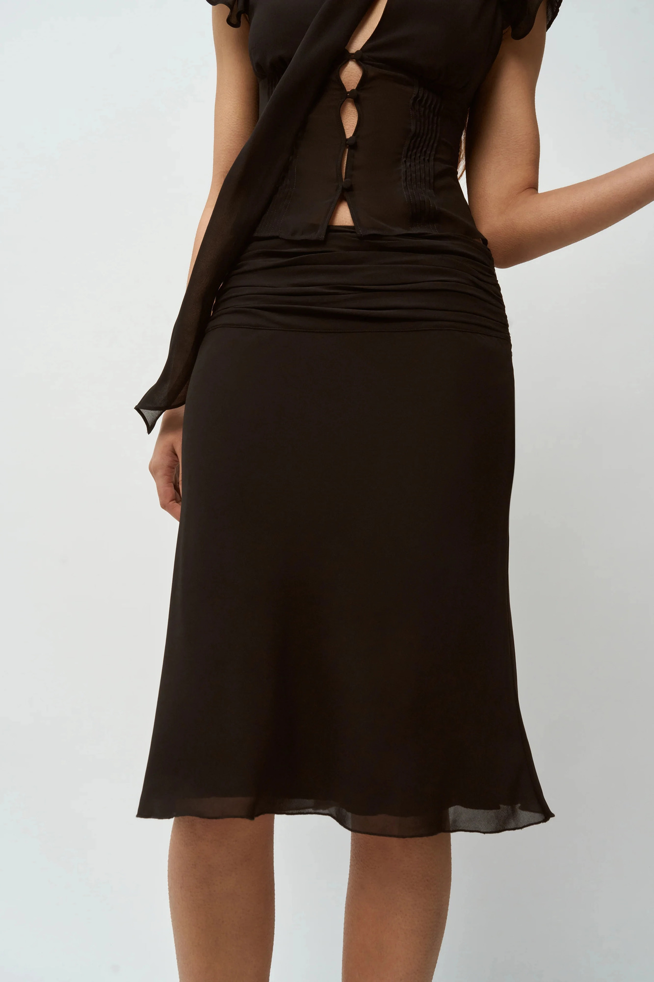 Guiz Black Ribbon Sexy Top Slightly See-Through Skin-Friendly Material Mid-Length Skirt Set Chiffon French Light Top Sweet Girl Party Set Knee-Length 