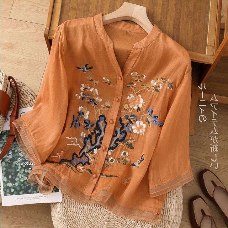 High-end Cotton and Linen Tops Female 2026 Summer New Embroidered Cardigan Shirt New Chinese Style Embroidered pattern shirt