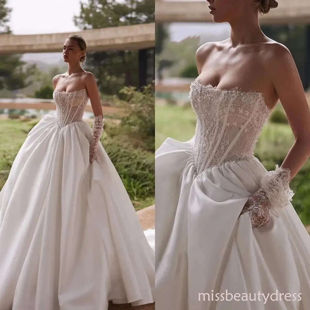 Simple A Line Wedding Dresses For Women Sequins Pearls Bridal Gown Sleeveless Lace Up Sweep Train Dress Vestido De Novia