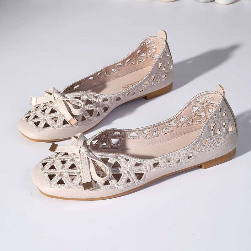 New Women's Retro Bow Single - Hollow Breathable Shallow Cut Square Head Shoes, Comfortable Soft Sole Flat Shoes