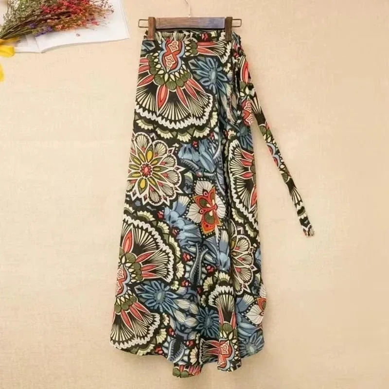 Summer Beach Floral Skirt for Women Cotton High Waist Wrap Maxi Skirt Long with Side Slit Tie Detail Boho Style 260306