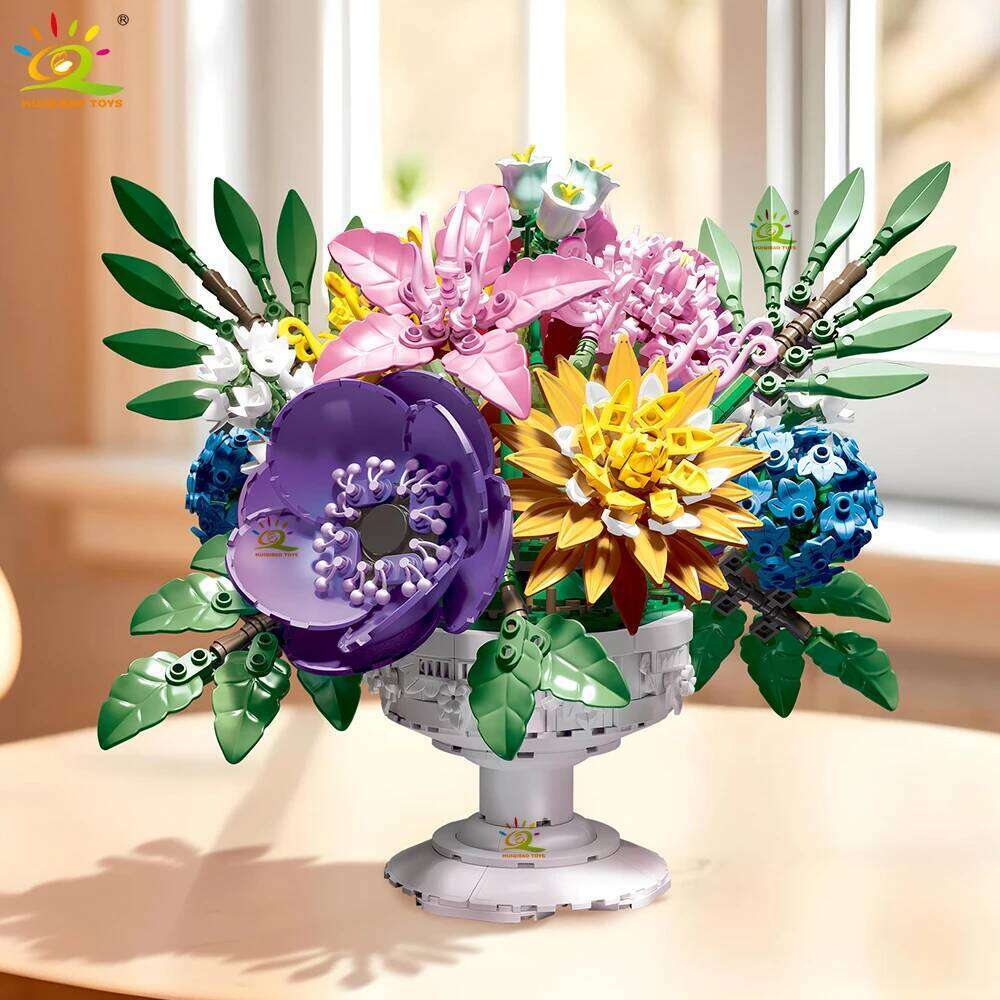 HUIQIBAO 1081+PCS MOC Flower Bouquet Model Building Block Potted Series Brick Construction Toy For Children Desk Home Decoration Z260306