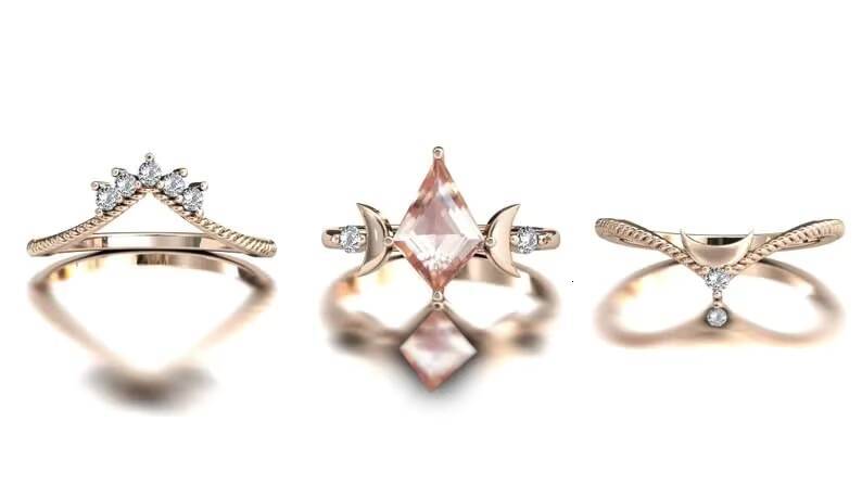 Moon of My Life Kite Shaped Morganite Wedding Ring Set Classic Antique Art Deco Engagement Ring with Rhodium Plating for Parties