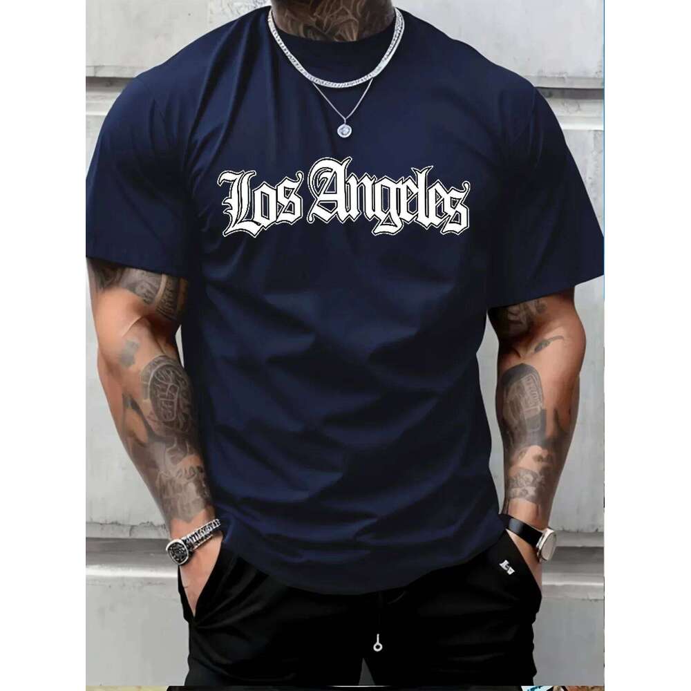 New men's casual polyester fabric breathable round neck T-shirt with letter print pattern suitable for outdoor shopping wear 26H0306