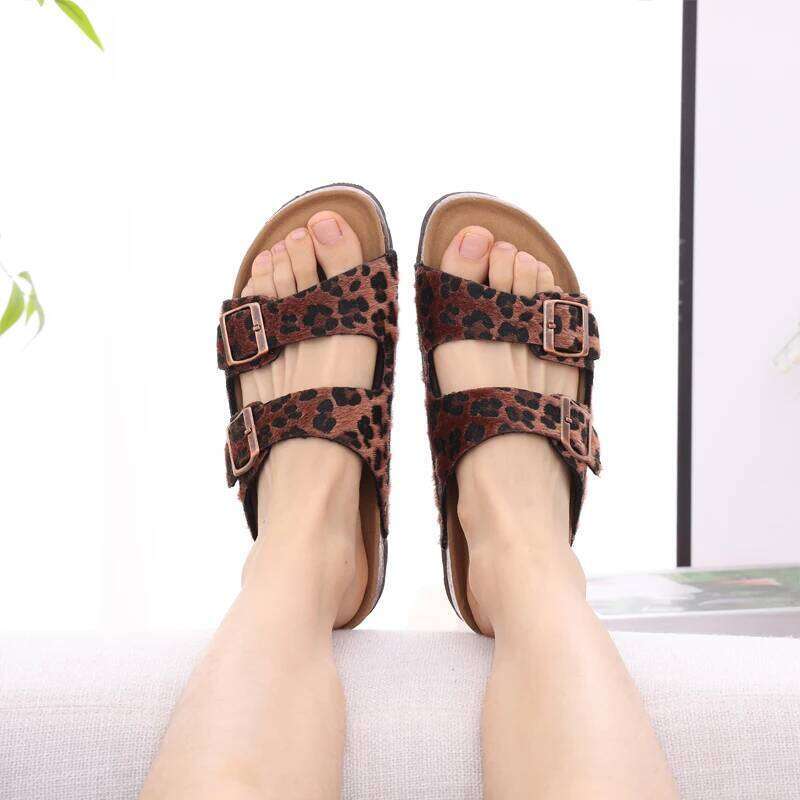 Litfun Classic Women's Sandals Casual Cork Footbed Flat Bottom Slippers Open Toe Leopard Designed Slides With Adjustable Buckle