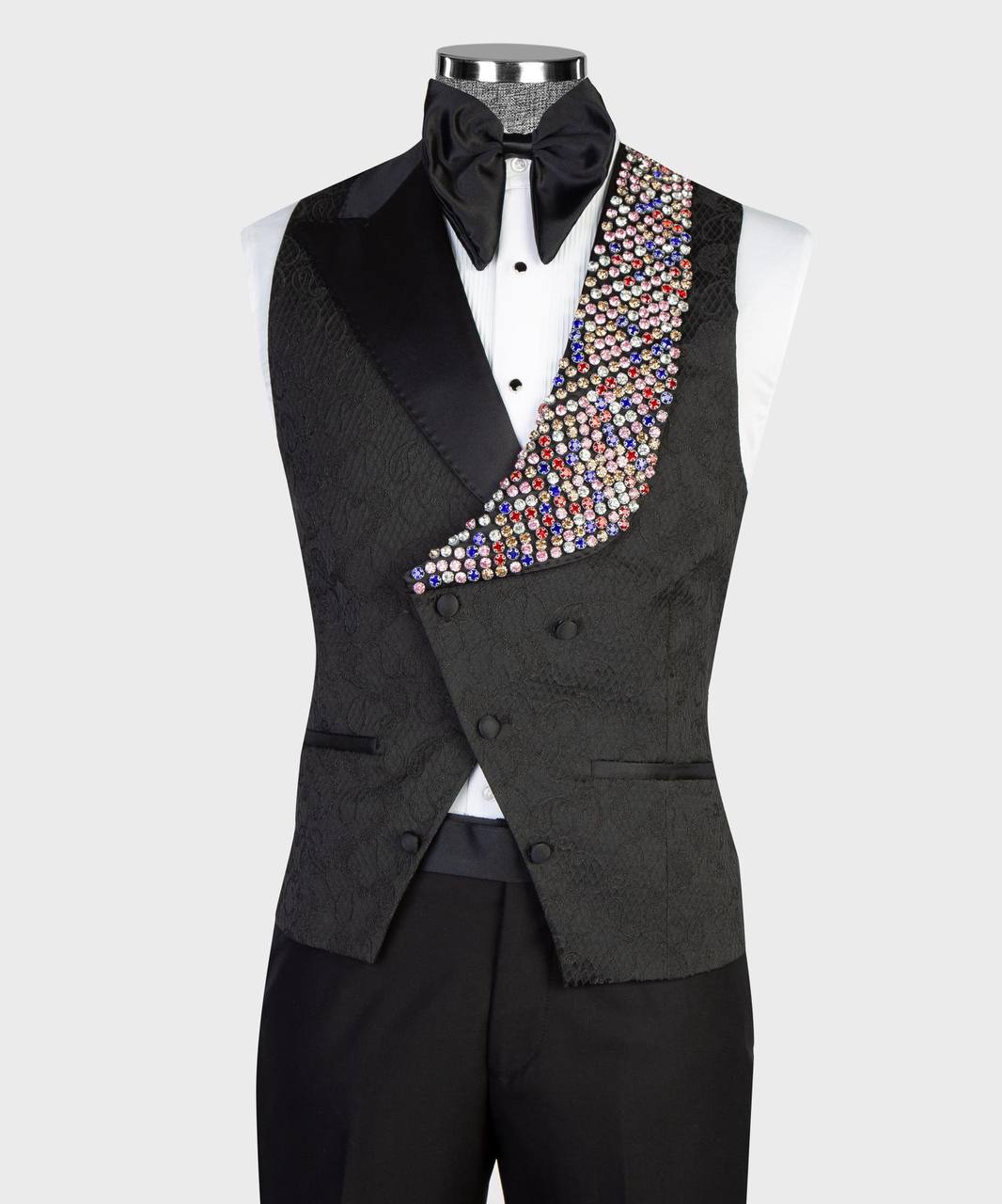 Luxury Men Suits Rhinestone Peaked Lapel Jacquard Blazer 3 Pieces Tailor-Made Jacket One Button Groom Customized Coat Vest Pants Plus Size