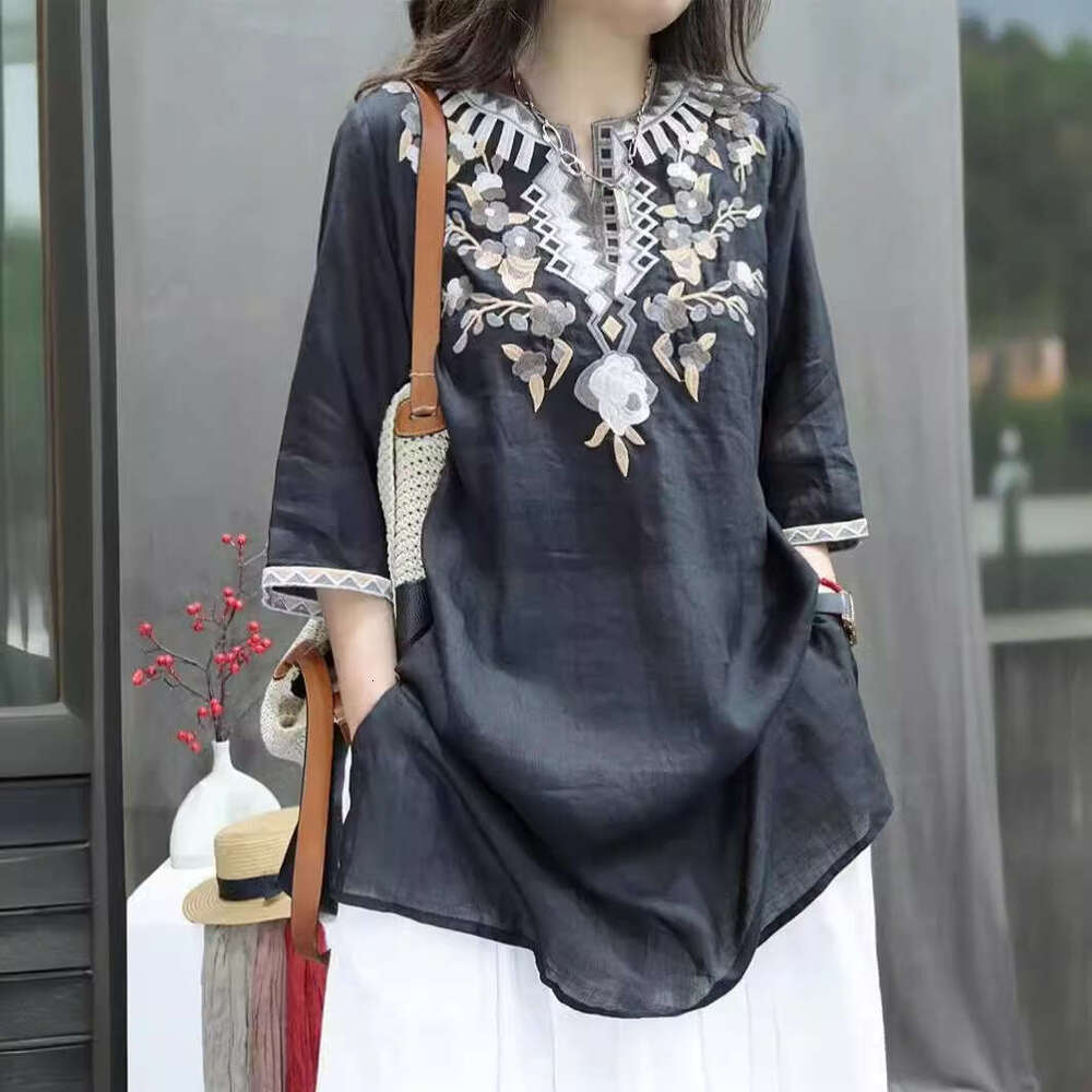 Women's Cotton Linen Embroidered Top Thin Mid Sleeve Retro Chinese Style Spring Summer Autumn New Fashion T-Shirt Embroidery Long Blouse
