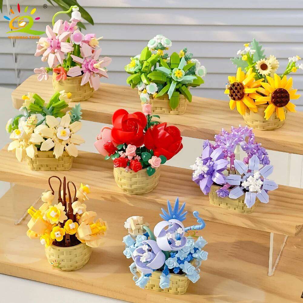 HUIQIBAO MOC Bouquet Potted Plant Micro Building Blocks Eternal Flower Model DIY Home Desk Decoration Brick Toy For Children Z260306