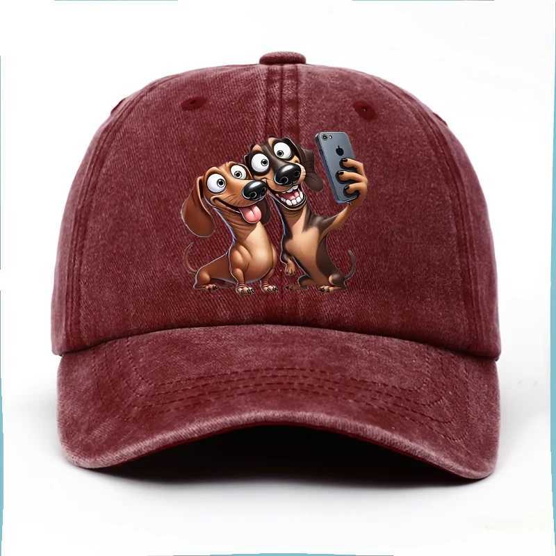Dachshund Selfie Cartoon Print Baseball Cap Vintage Washed Adjustable Snapback Dog Lovers Casual Sun Hat S260306