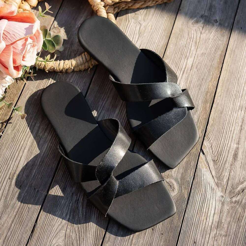 2025 Summer new women's shoes brown black thick-heeled leather sandals square cross with open toe back high heels slippers