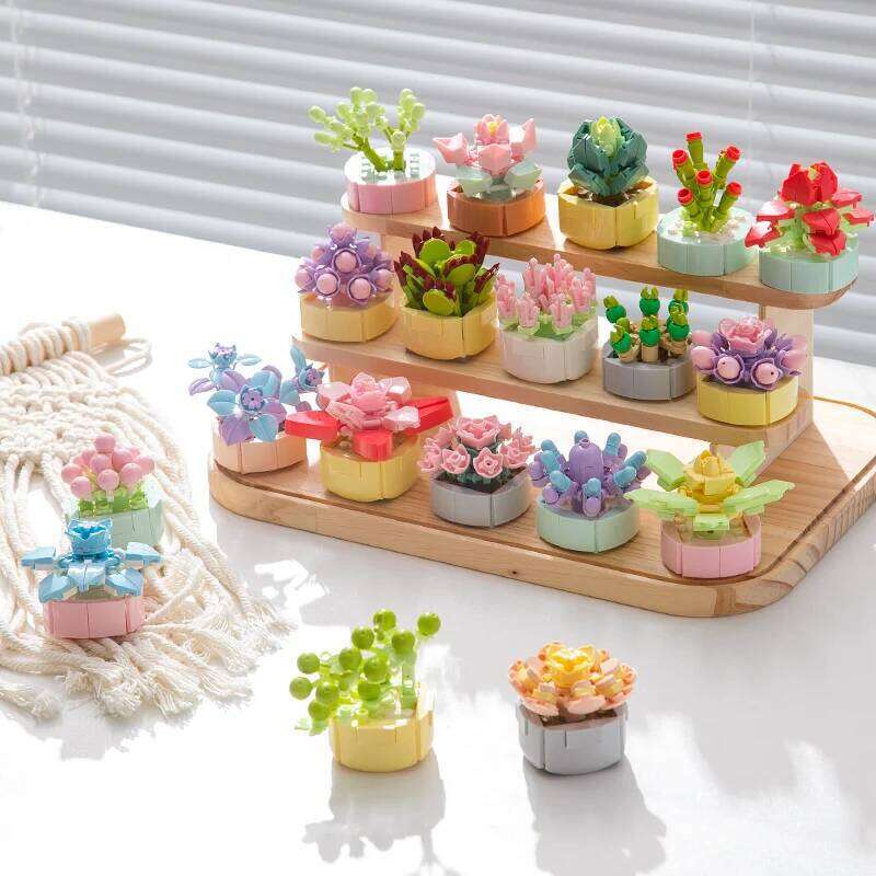 MOC Succulent Potted Model Building Block Bouquet Rose Lavender Lily Simulation Flower Bricks Home Decoration Valentine's Z260306