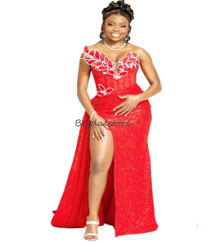 Sparkly Red Sequin Prom Dress For Black Girls Plus Size Sweetheart Mermaid Evening Gowns Sexy High Slit African Nigeria Forma Occasion Aso Ebi Birthda